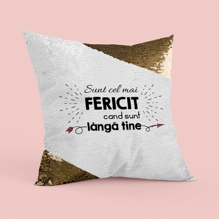Pernă personalizată cu text - Happiest next to you Paiete aurii