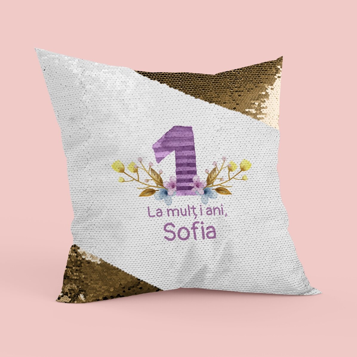 Pernă personalizată cu text pentru copii - 1 an - Paiete aurii