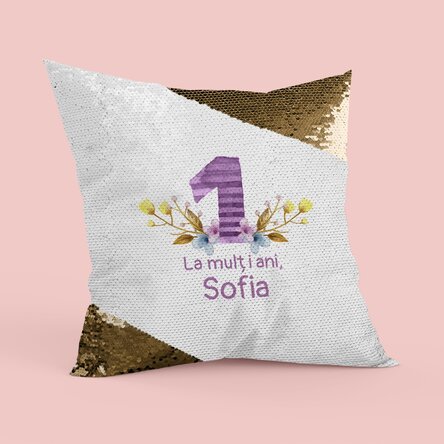 Pernă personalizată cu text pentru copii - 1 an - Paiete aurii