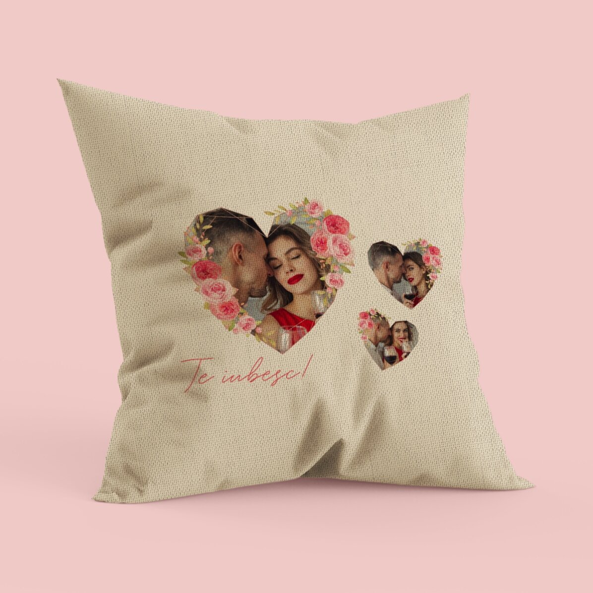 Pernă personalizată cu text si 3 poze - In