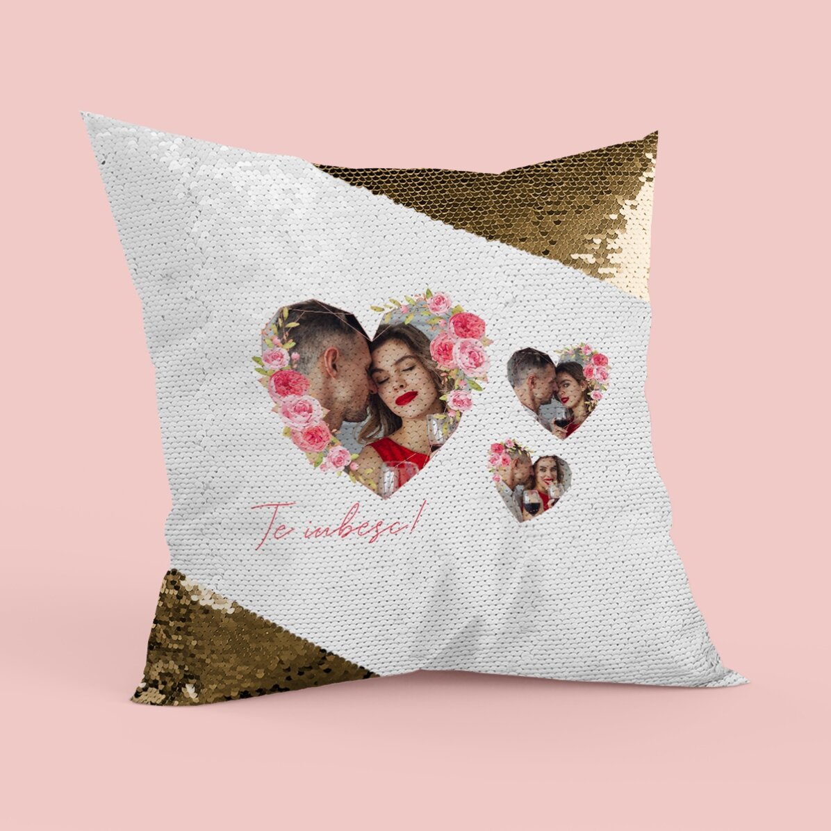 Pernă personalizată cu text si 3 poze - Paiete aurii