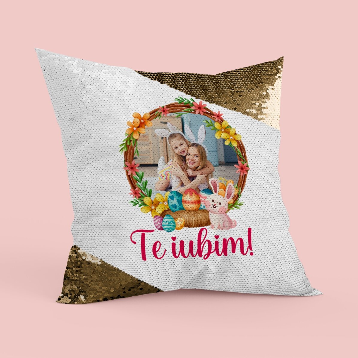 Pernă personalizată cu text și poză - Iepuraș - Paiete aurii