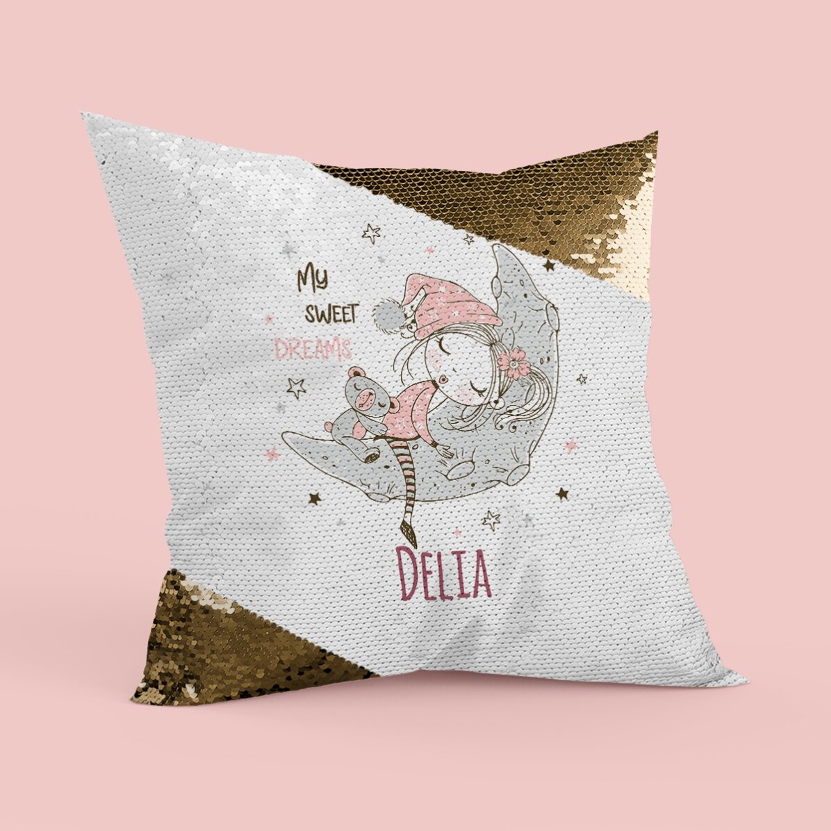 Pernă personalizată cu text - Vise frumoase - Paiete aurii