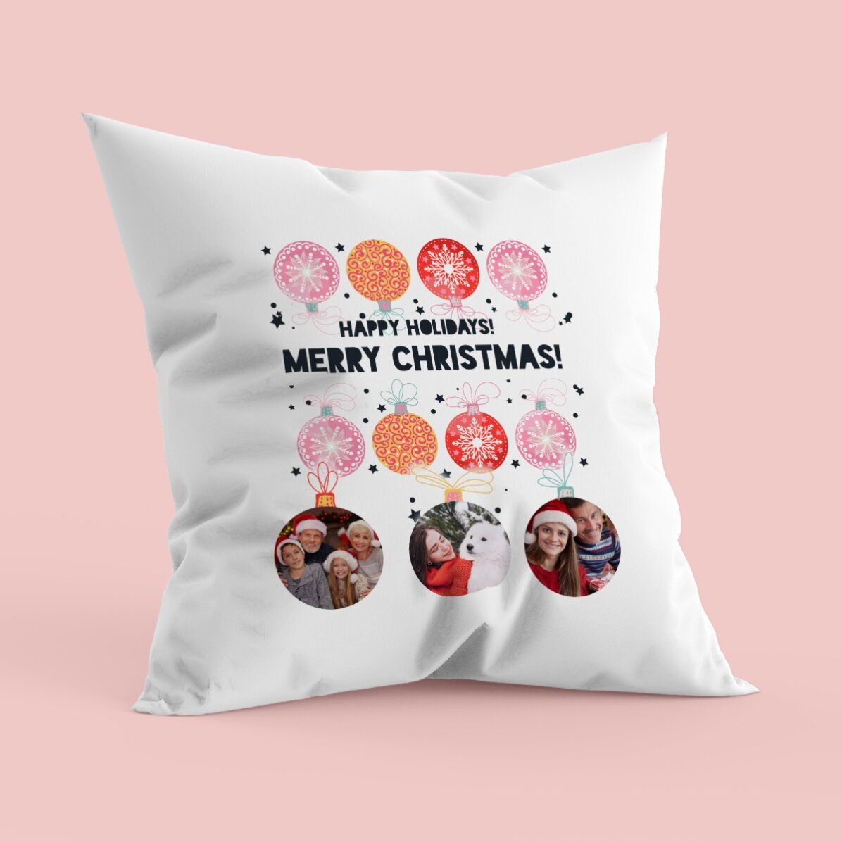 Pernă personalizată cu trei poze și text - Globuri de Crăciun