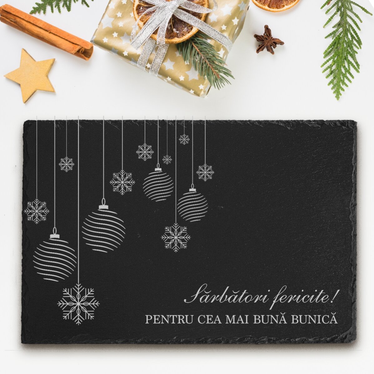 Placă de ardezie gravată personalizată cu text - Sărbători fericite!
