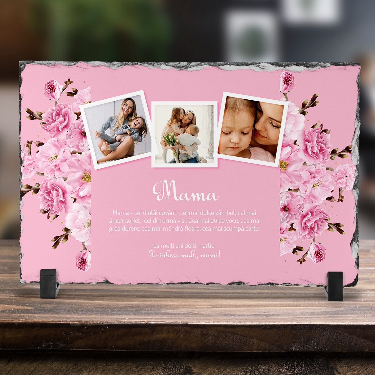 Placă de ardezie personalizată cu 3 poze și mesaj pentru mama