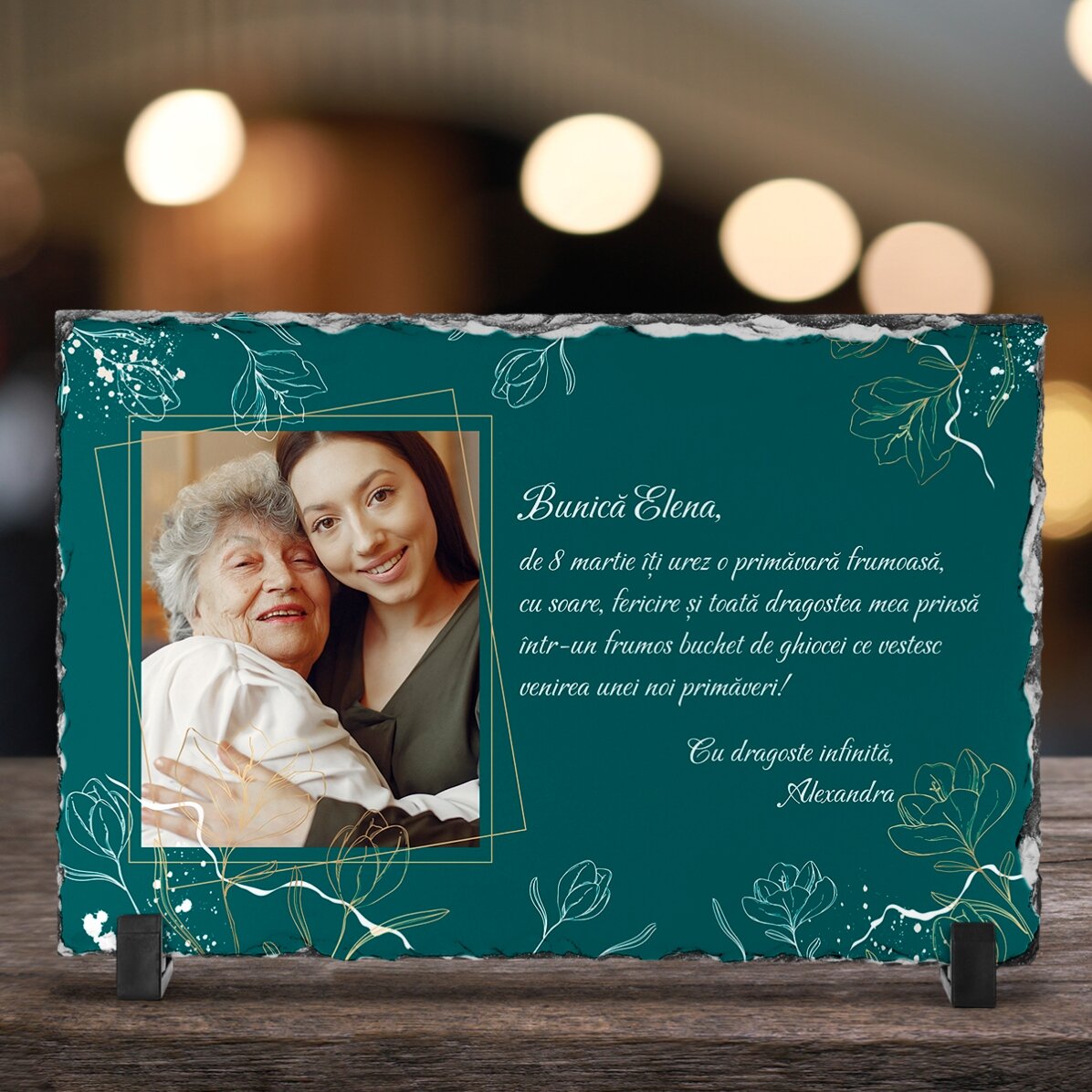 Placă de ardezie personalizată cu o poză și mesaj - Flowers