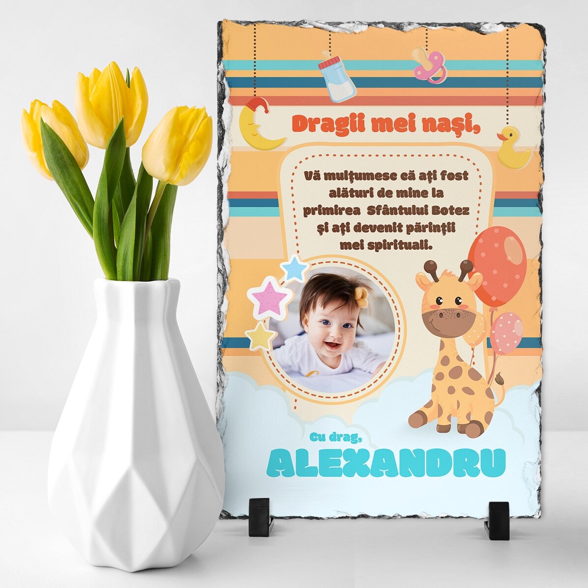 Placă de ardezie personalizată cu o poză și mesaj pentru Nașii de botez - Mulțumesc