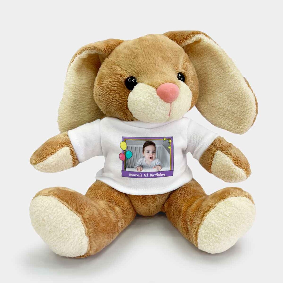 Pluș iepure personalizat cu o poză și text - Happy birthday, kiddo!