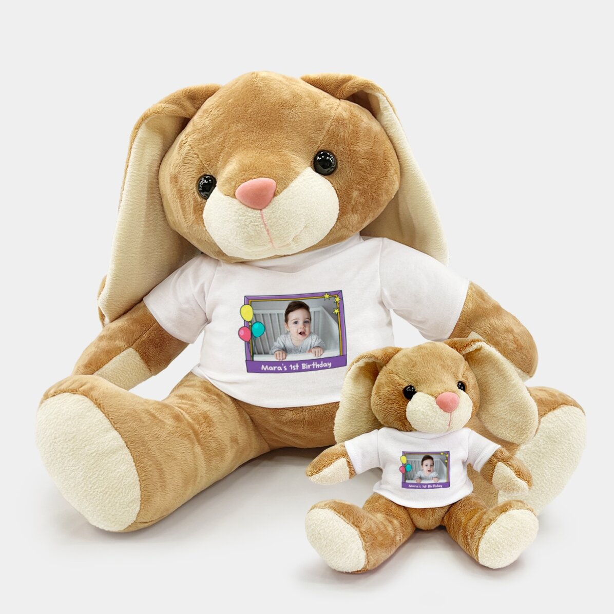 Pluș iepure personalizat cu o poză și text - Happy birthday, kiddo!