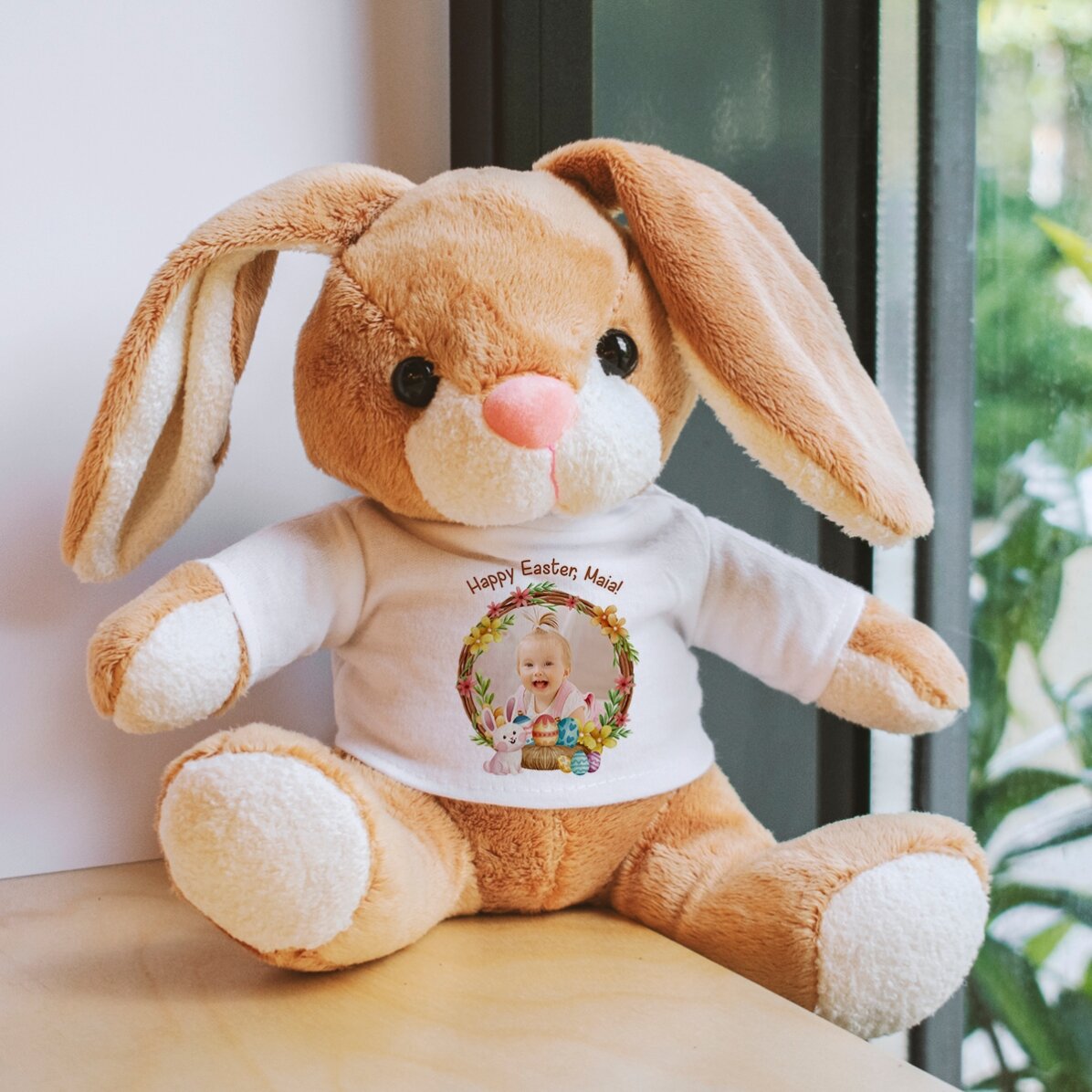Pluș iepure personalizat cu o poză și text - Paște fericit!