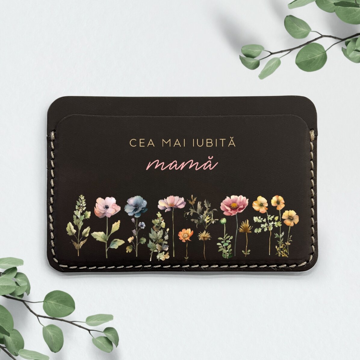 Portofel din piele personalizat color cu mesaj - Floral