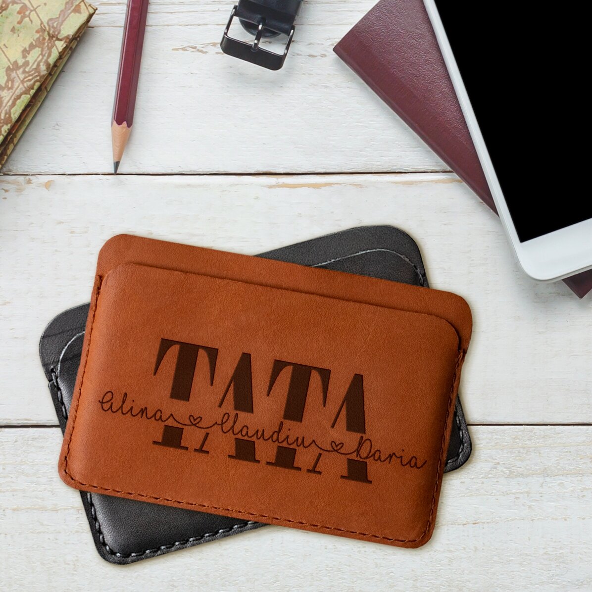 Portofel din piele personalizat cu numele copiiilor - TATA