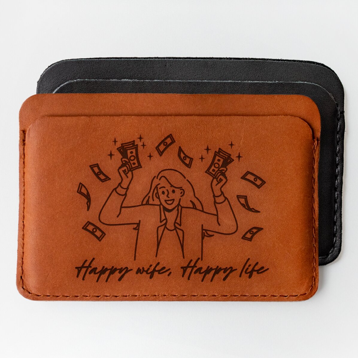 Portofel din piele personalizat cu text - Happy wife, Happy life
