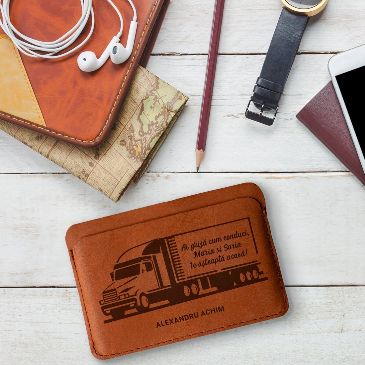 Portofel din piele personalizat cu text pentru șoferi 