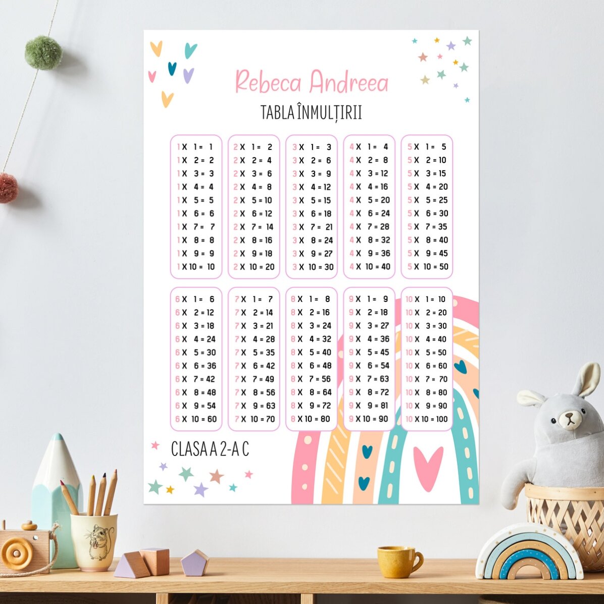 Poster personalizat cu nume și tabla înmulțirii - Curcubeu