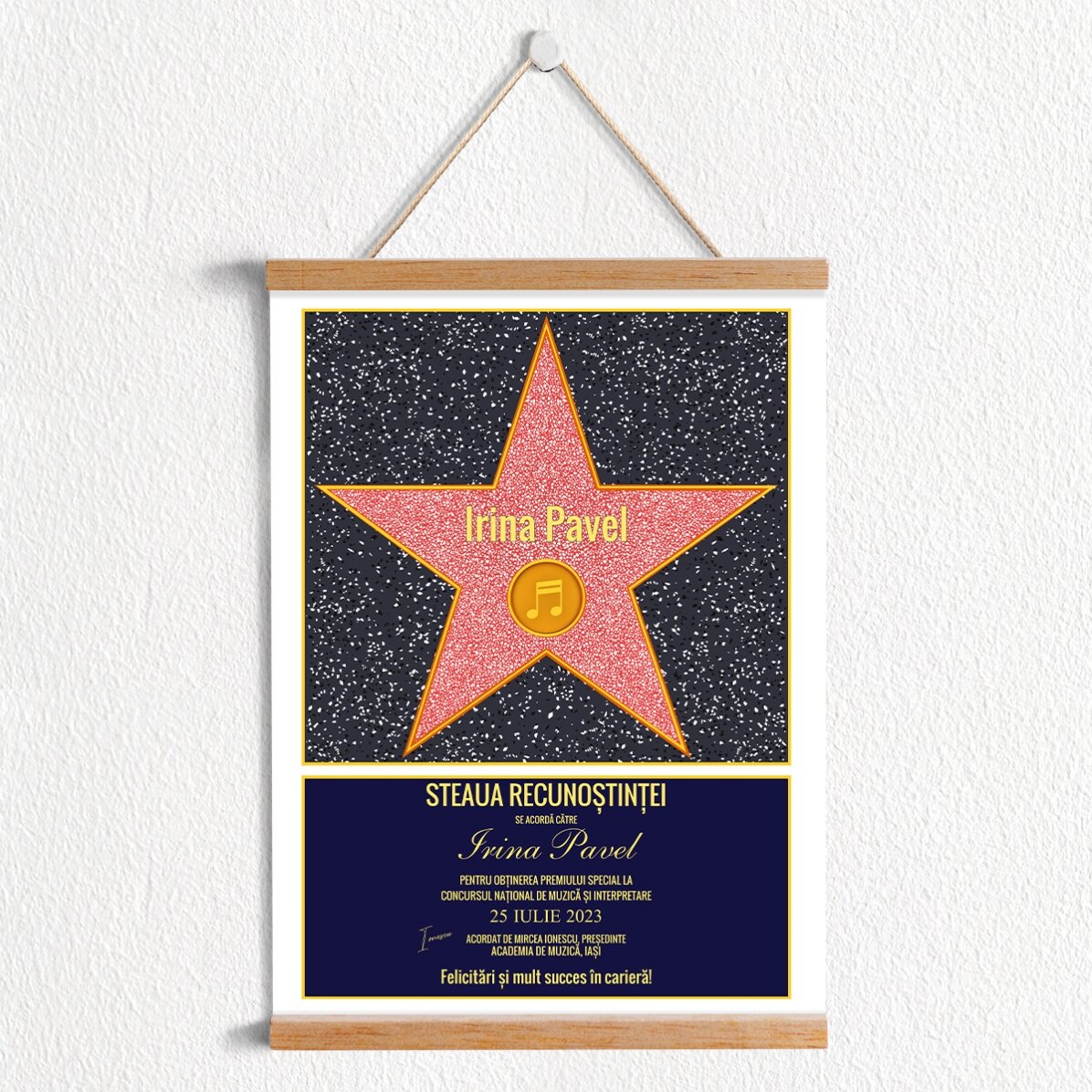 Poster cu agățătoare personalizat Steaua recunoștinței pentru artiști