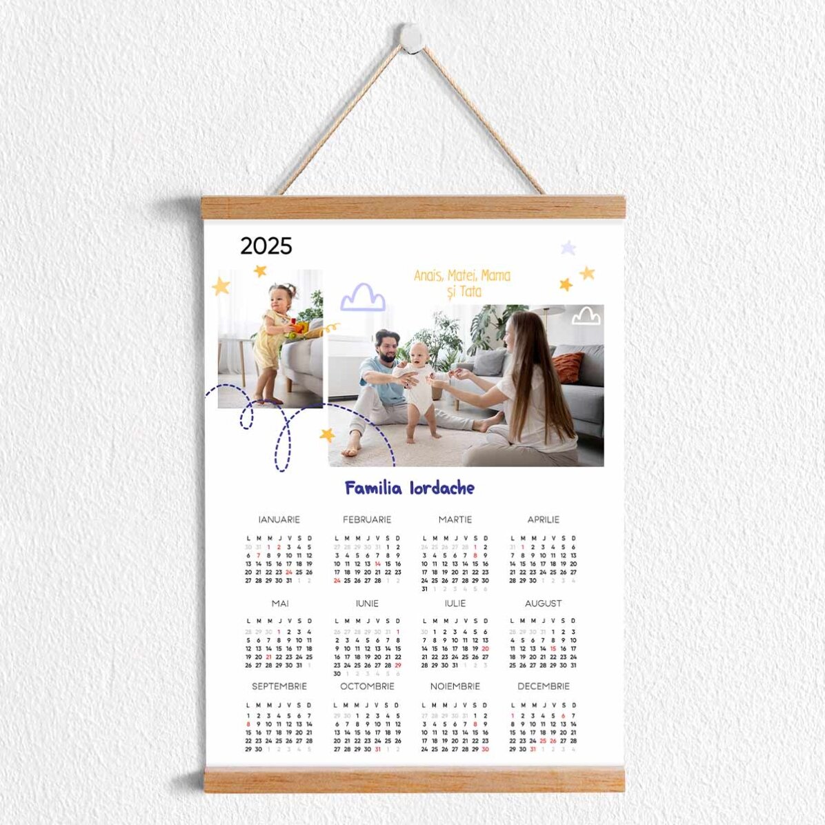 Poster calendar cu agățătoare personalizat cu 2 poze și text - Family