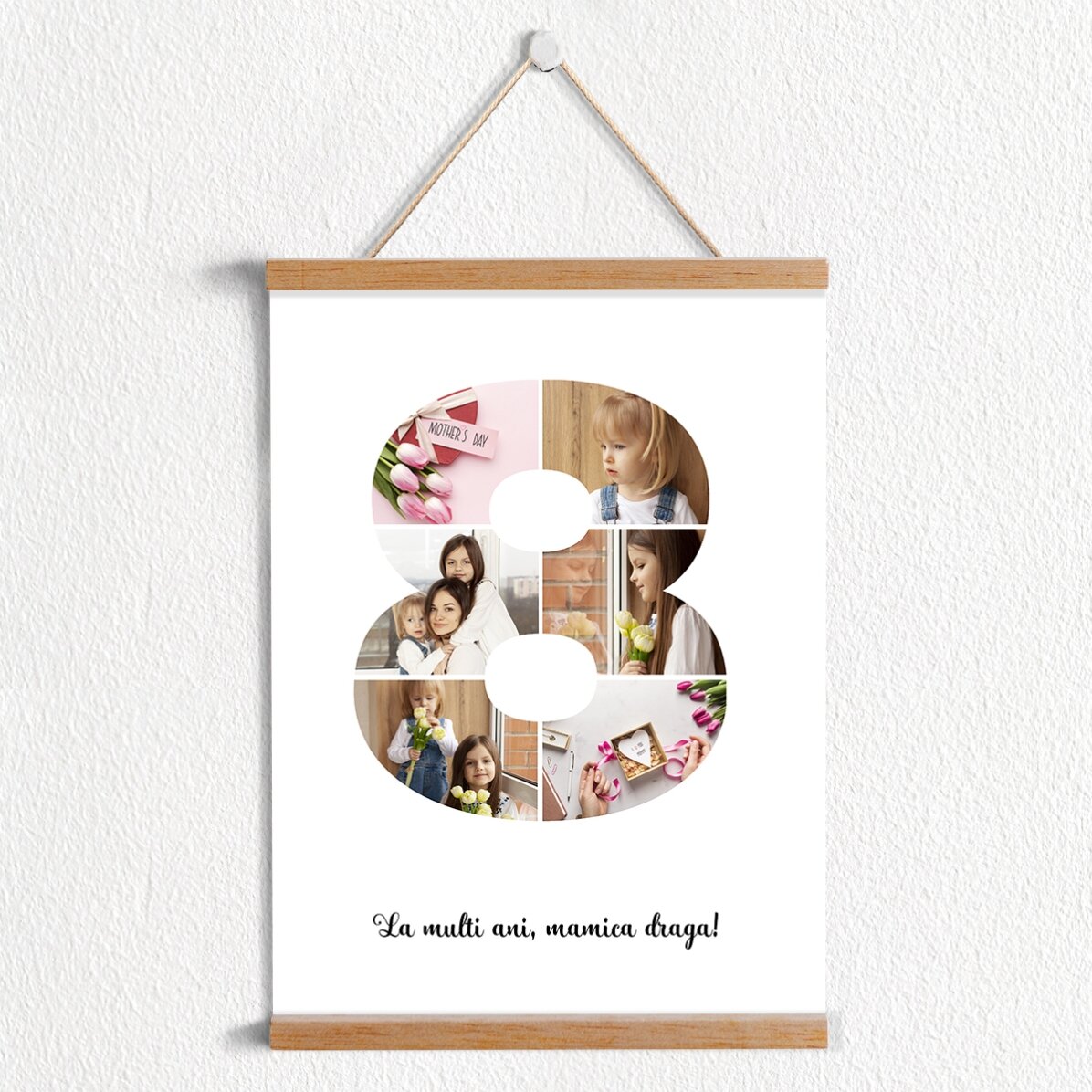 Poster cu agățătoare personalizat cu 6 poze model numărul 8 și mesaj text