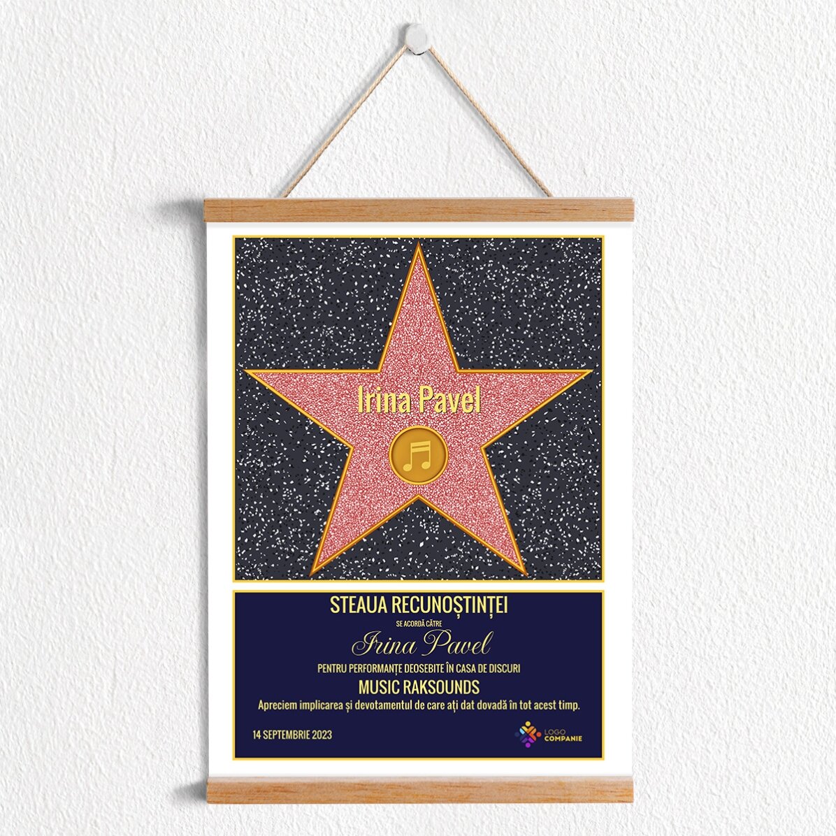 Poster cu agățătoare personalizat cu logo și text - Steaua recunoștinței pentru artiști