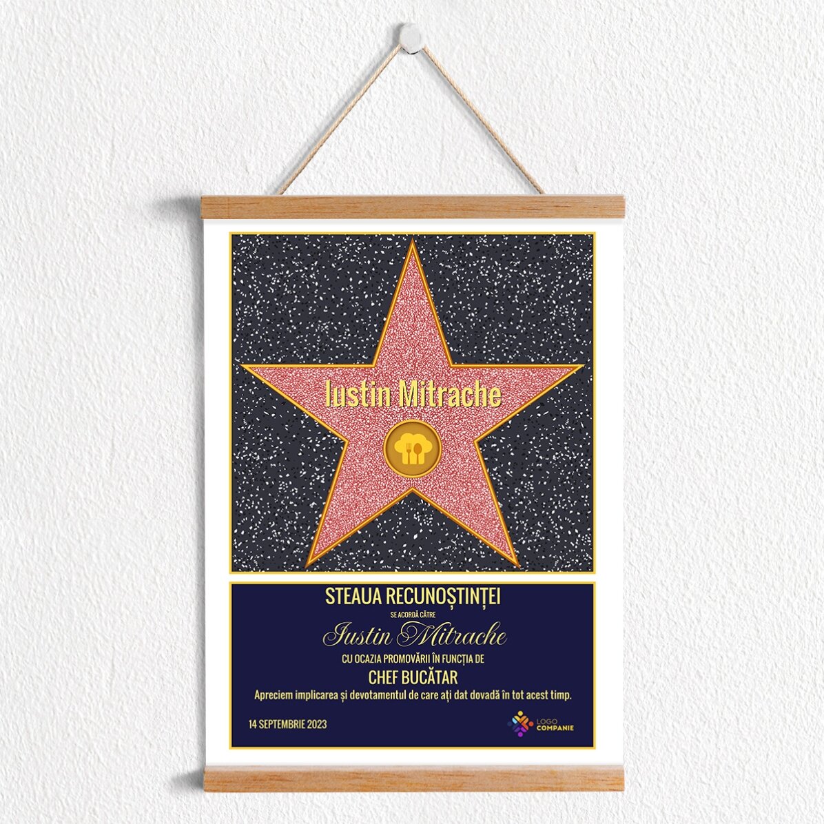 Poster cu agățătoare personalizat cu logo și text - Steaua recunoștinței pentru bucătari