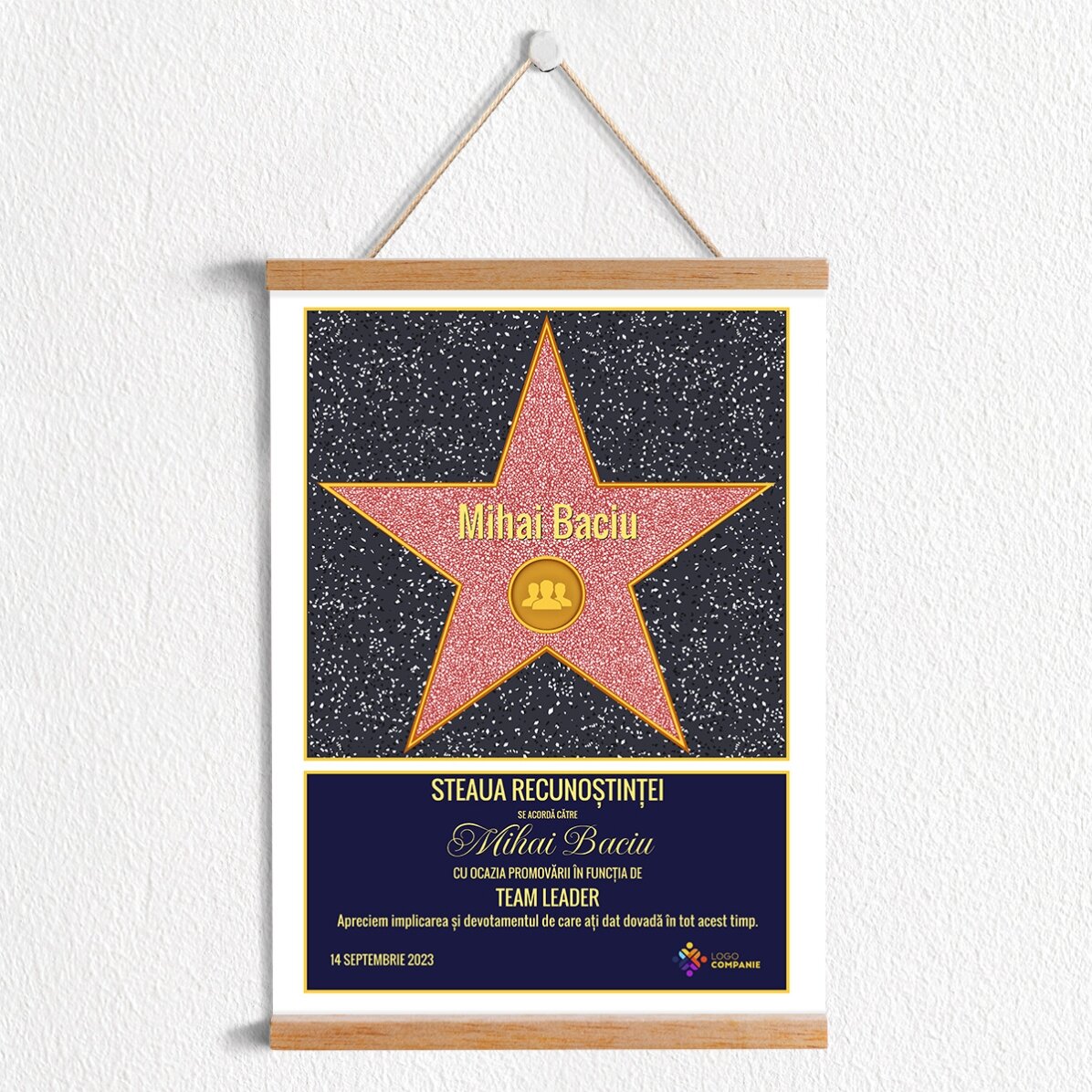 Poster cu agățătoare personalizat cu logo și text - Steaua recunoștinței pentru echipa