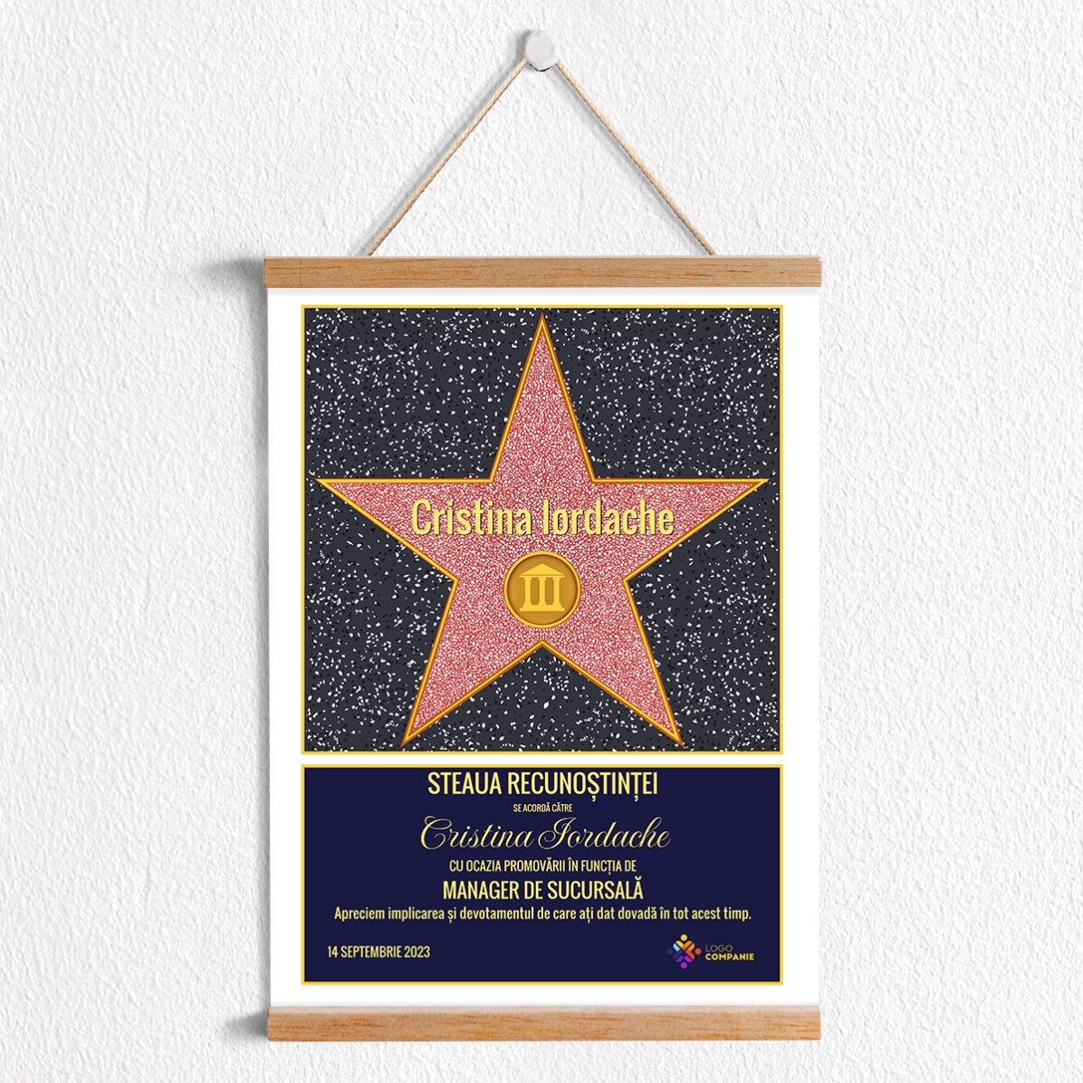 Poster cu agățătoare personalizat cu logo și text - Steaua recunoștinței pentru finanțiști