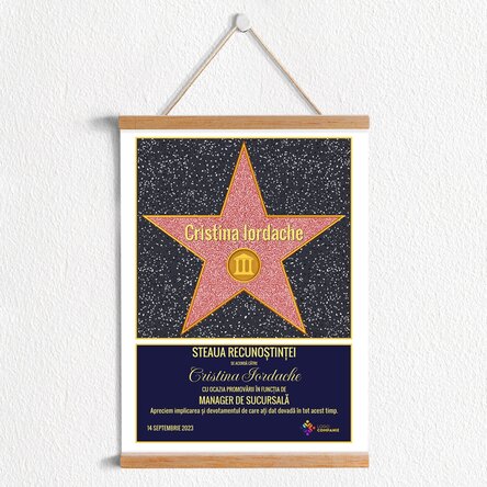 Poster cu agățătoare personalizat cu logo și text - Steaua recunoștinței pentru finanțiști