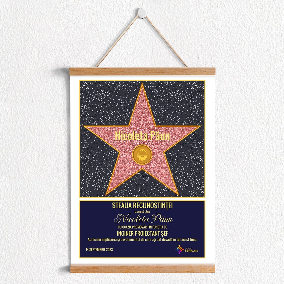 Poster cu agățătoare personalizat cu logo și text - Steaua recunoștinței pentru ingineri