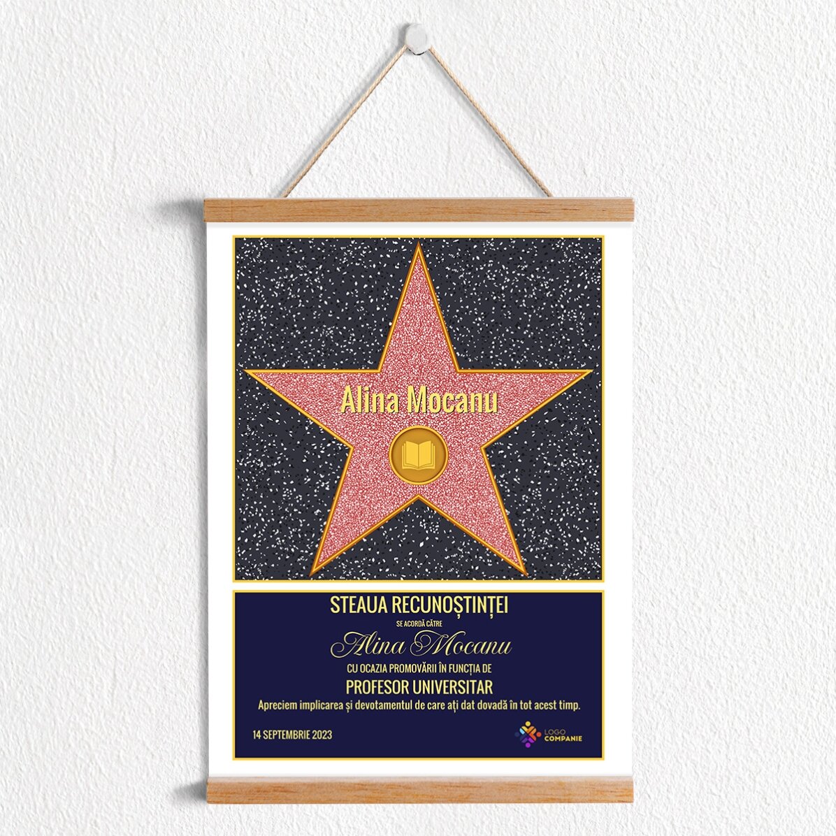 Poster cu agățătoare personalizat cu logo și text - Steaua recunoștinței pentru profesori