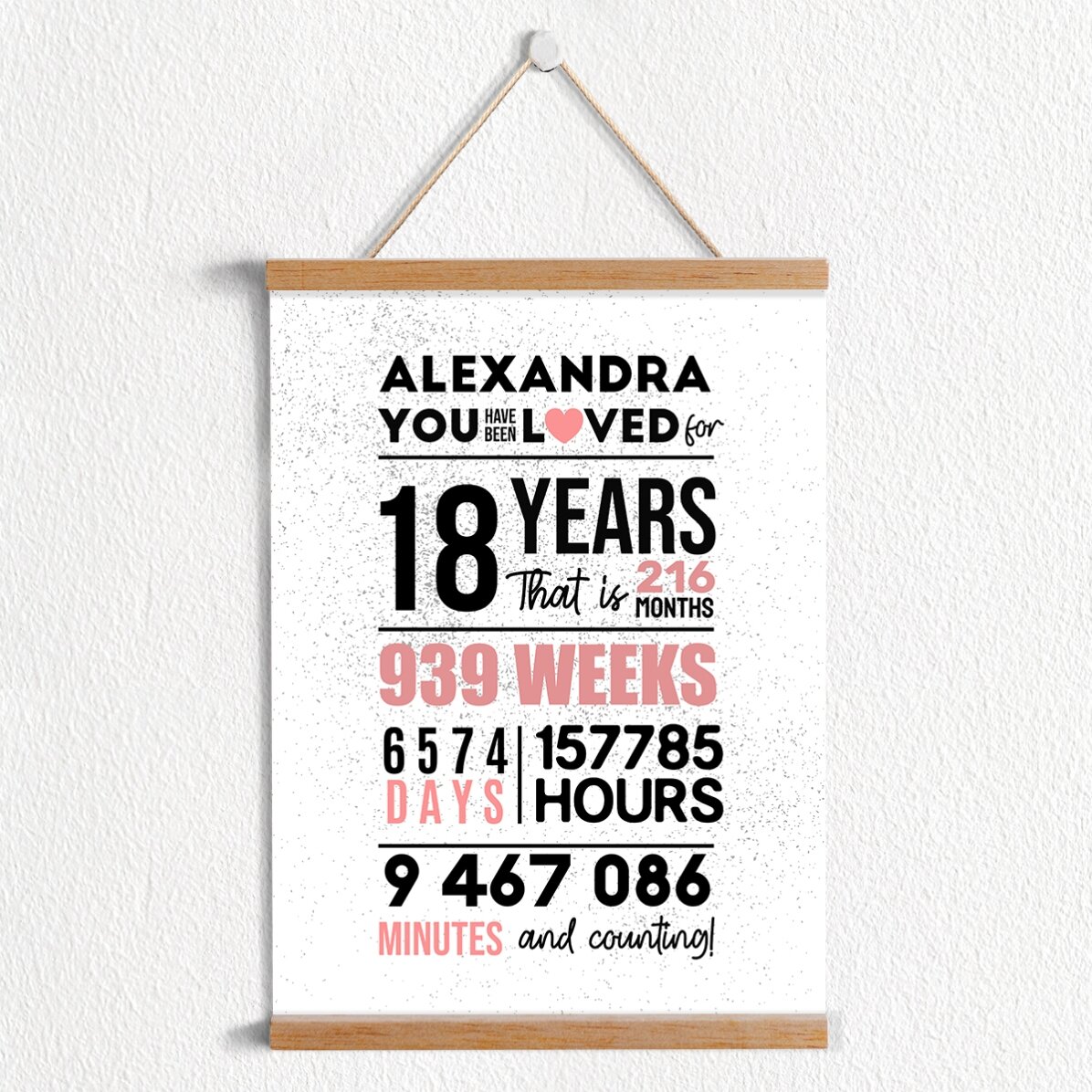 Poster cu agățătoare personalizat cu text - 18 ani