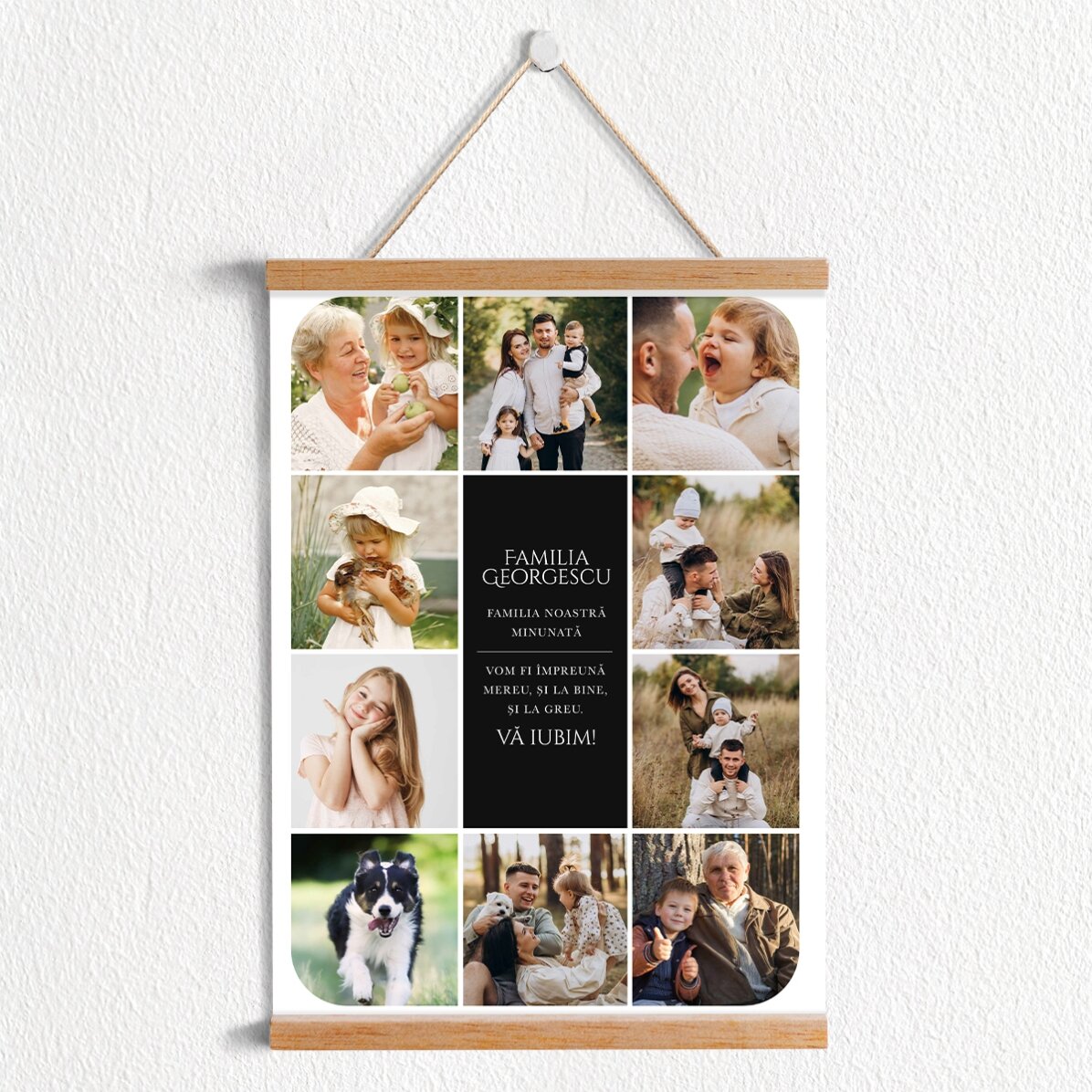 Poster cu agățătoare personalizat cu text și 10 poze - Familia noastră