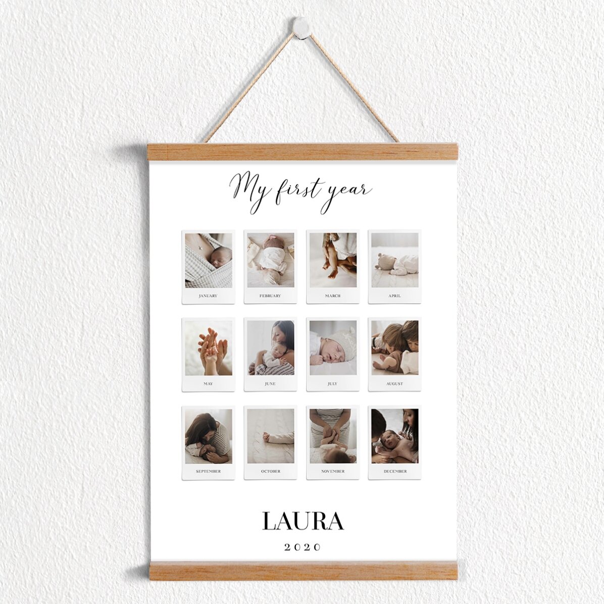 Poster cu agățătoare personalizat cu text și 12 poze - My First Year