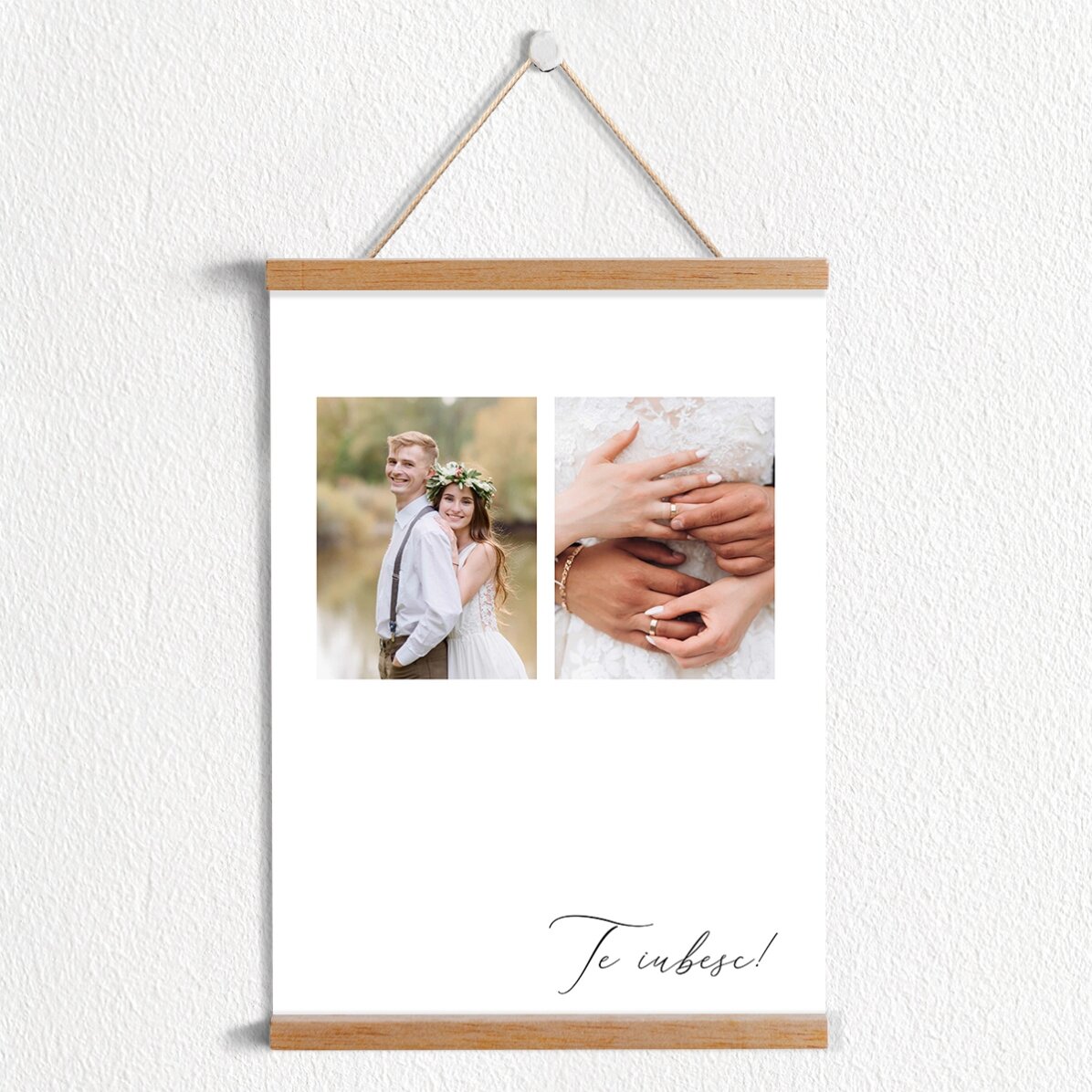 Poster cu agățătoare personalizat cu text și 2 poze - Te iubesc!