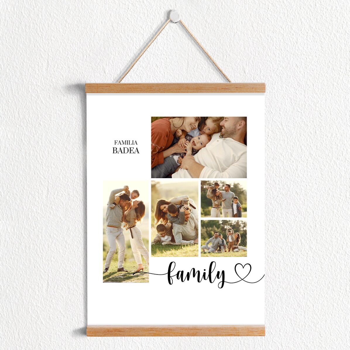 Poster cu agățătoare personalizat cu text și 5 poze - Our family