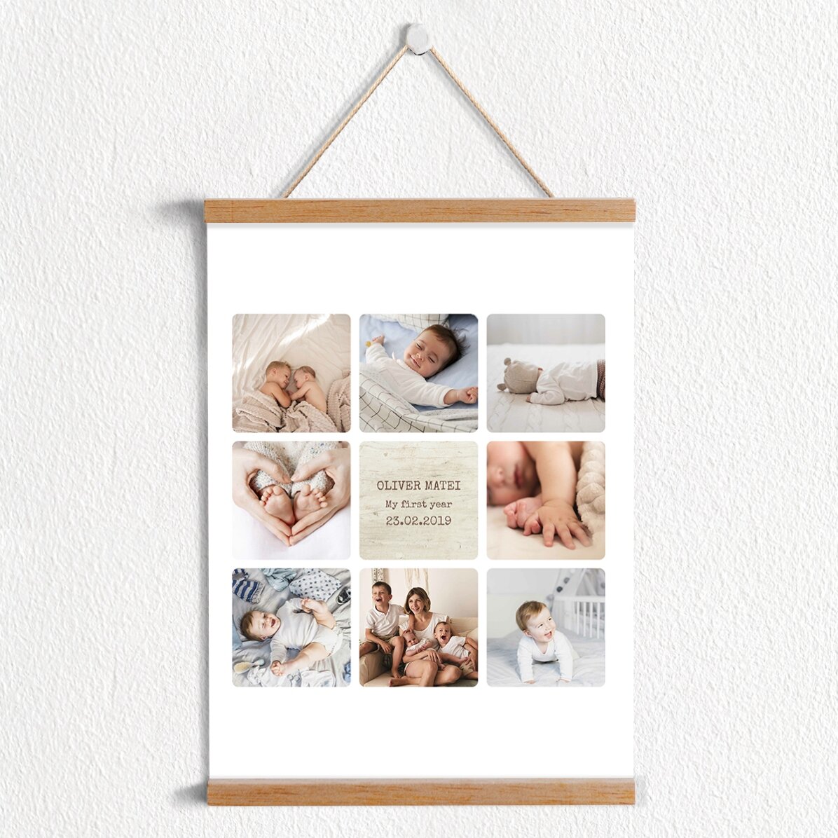 Poster cu agățătoare personalizat cu text și 8 poze - Baby