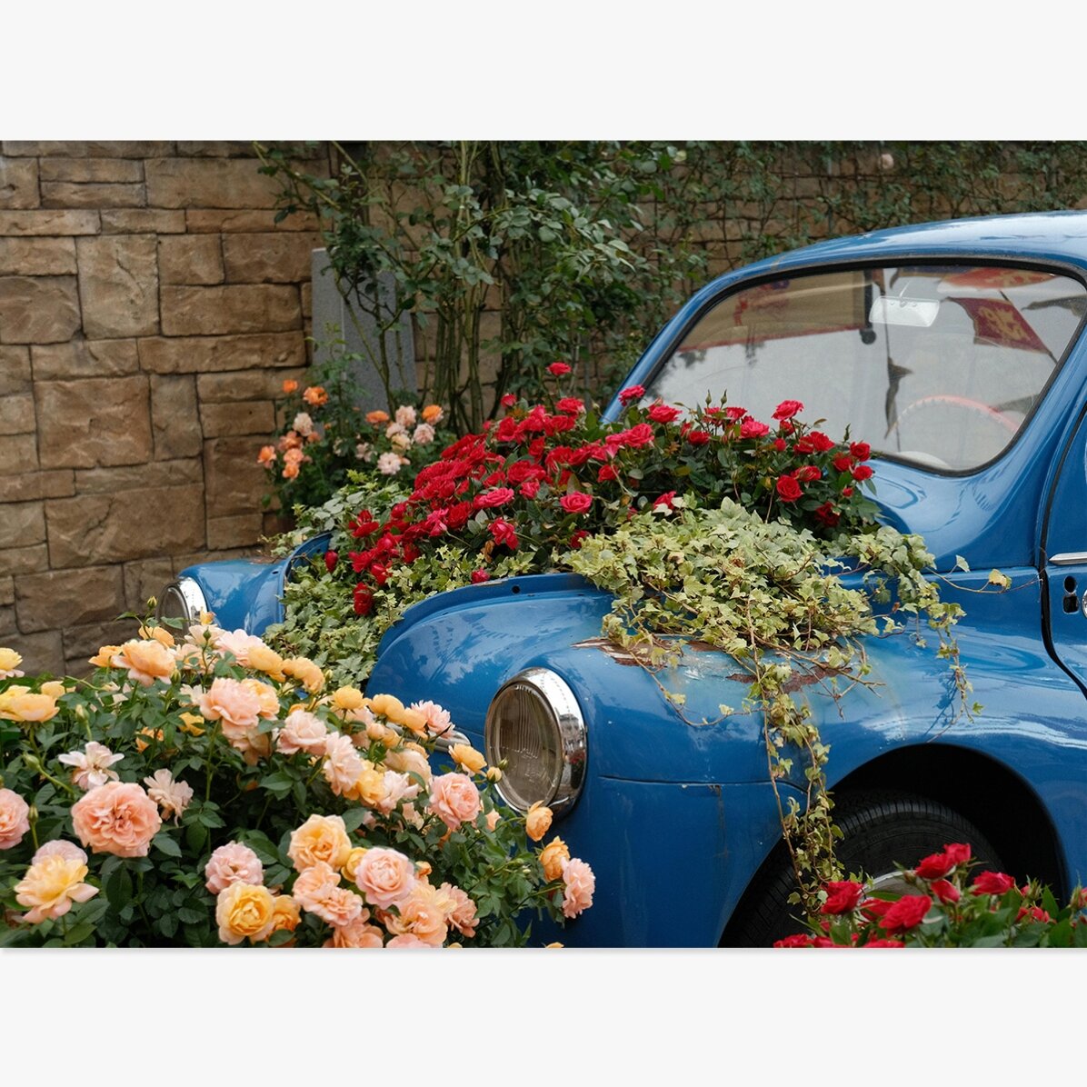 Poster Mașină albastra vintage cu flori