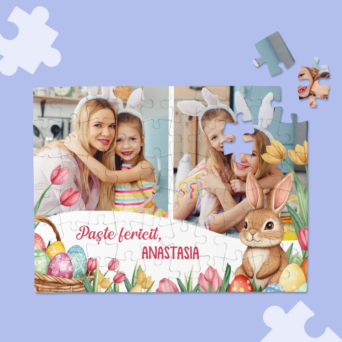 Puzzle personalizat cu 2 poze și mesaj - Paște fericit