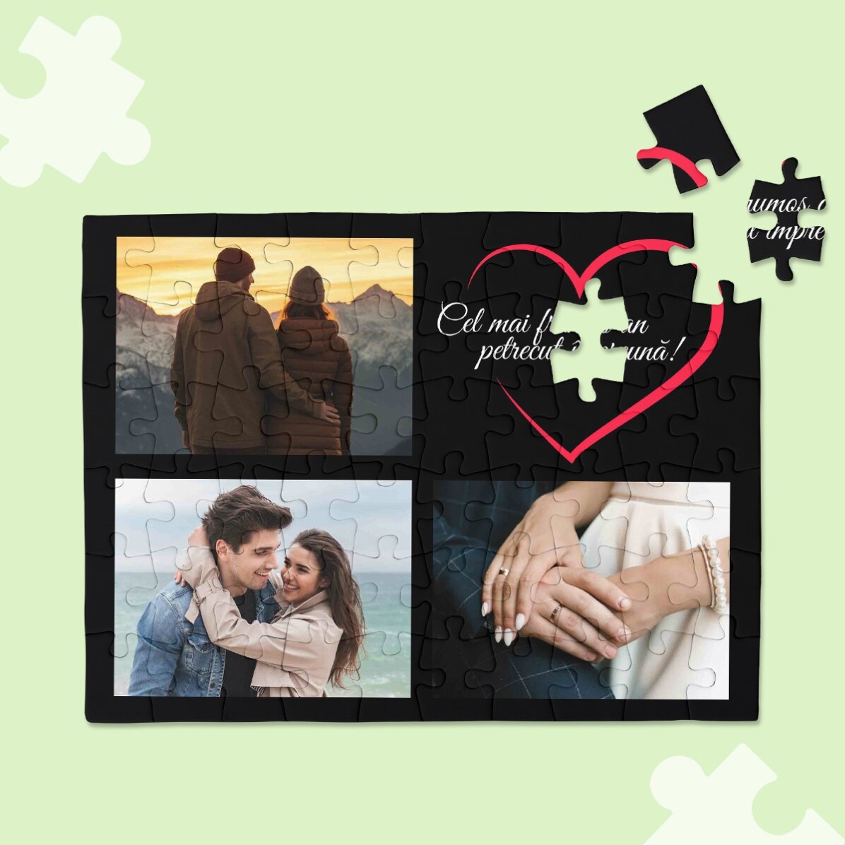  Puzzle personalizat cu 3 poze și text - In love