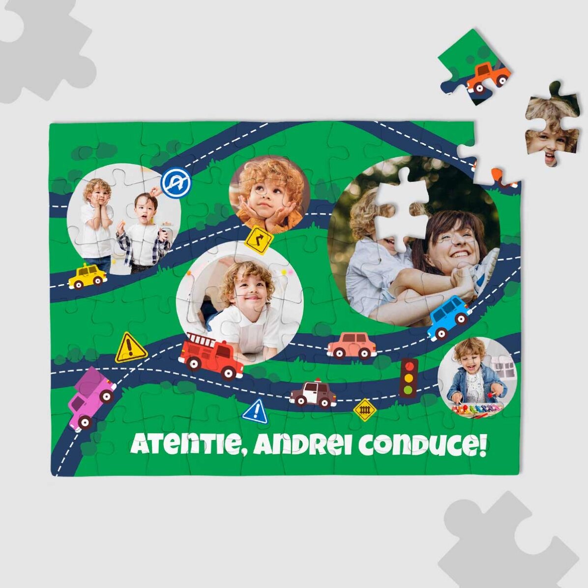 Puzzle personalizat cu 5 poze și text - Trafic