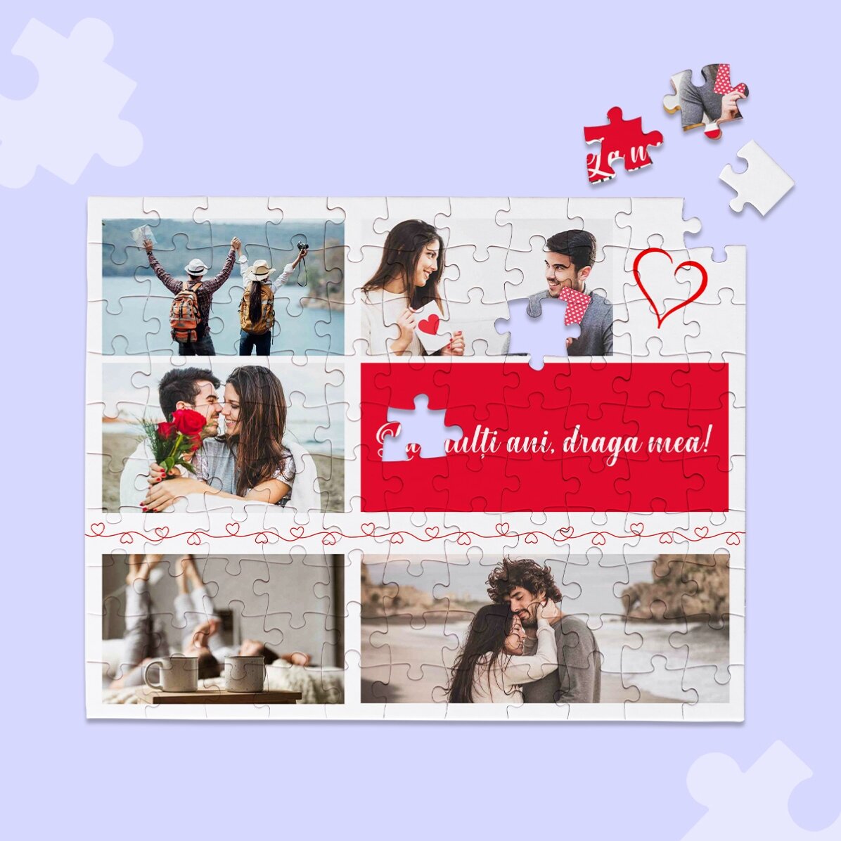 Puzzle personalizat cu 5 poze și text 24x19cm - Hearts