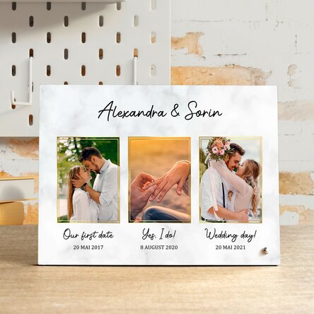 Ramă foto de birou personalizată cu 3 poze și text - Our love story