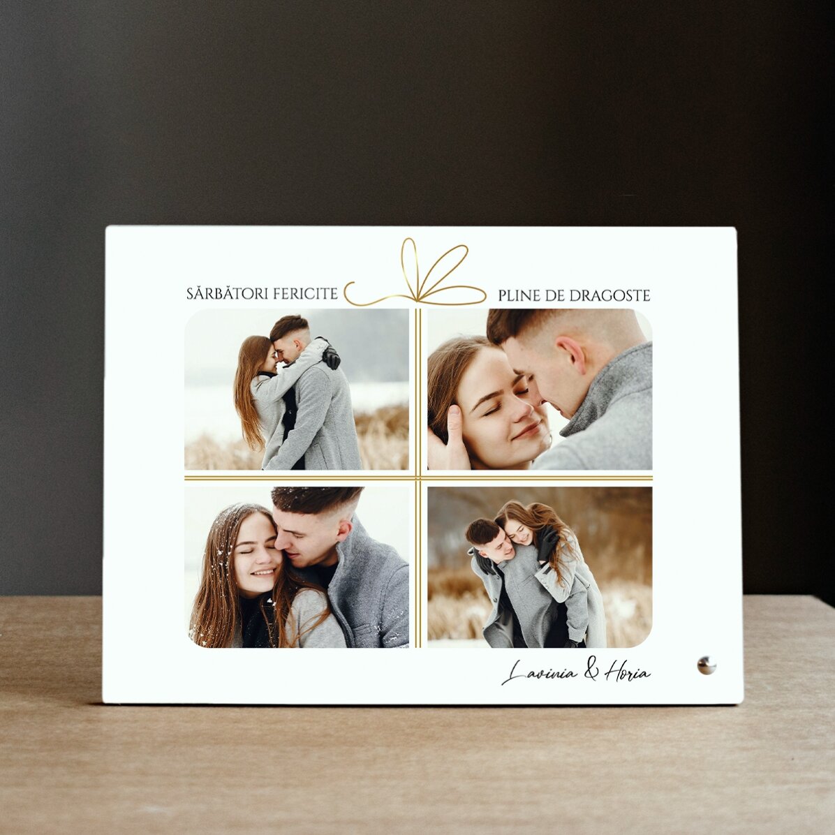 Ramă foto de birou personalizată cu 4 poze și text - Cadoul perfect