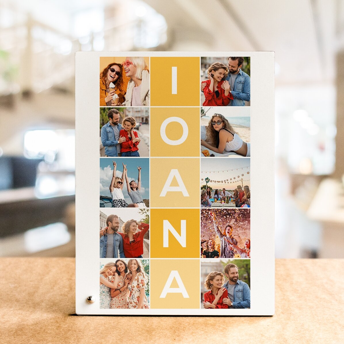 Ramă foto de birou personalizată cu 10 poze și nume din 5 litere pe verticală