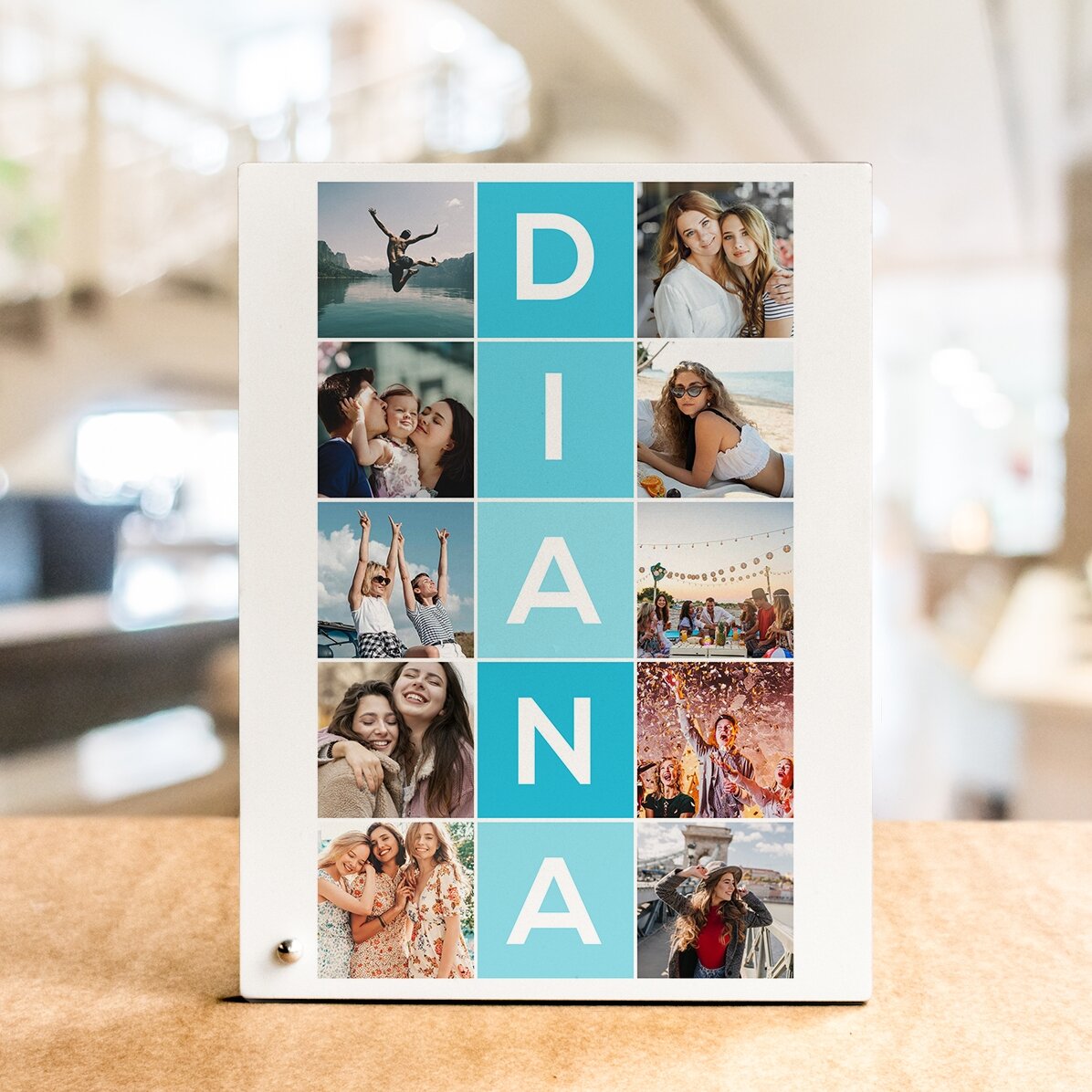 Ramă foto de birou personalizată cu 10 poze și nume din 5 litere pe verticală