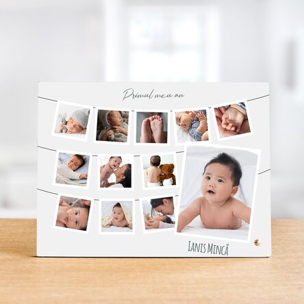 Ramă foto de birou personalizată cu 12 poze și text - Primul meu an