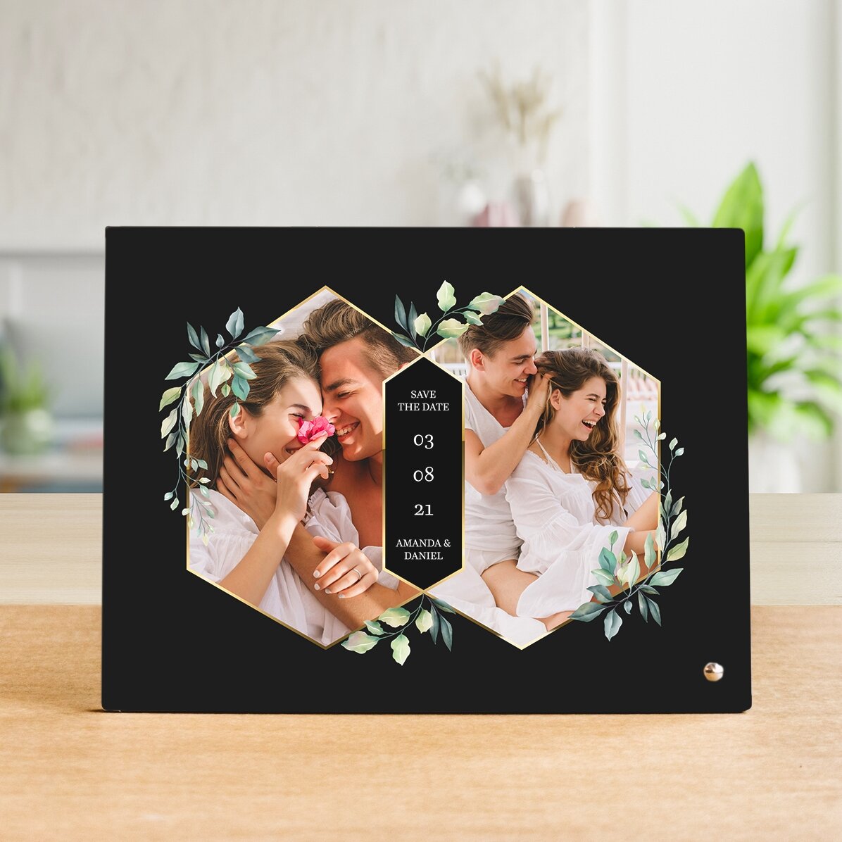 Ramă foto de birou personalizată cu 2 poze și text - Save the Date