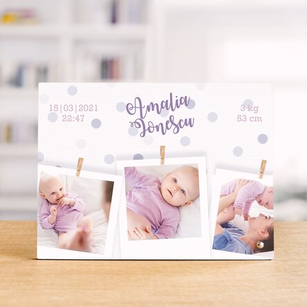 Ramă foto de birou personalizată cu 3 poze și text - Welcome, baby!