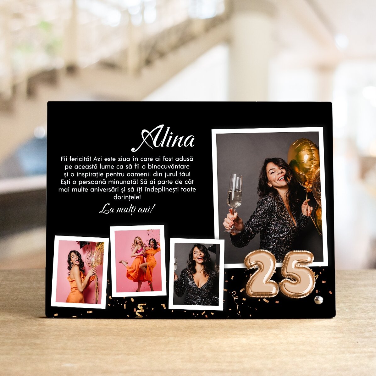 Ramă foto de birou personalizată cu 4 poze, nume și mesaj - La mulți ani!