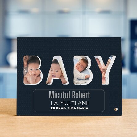 Ramă foto de birou personalizată cu 4 poze și text - Baby